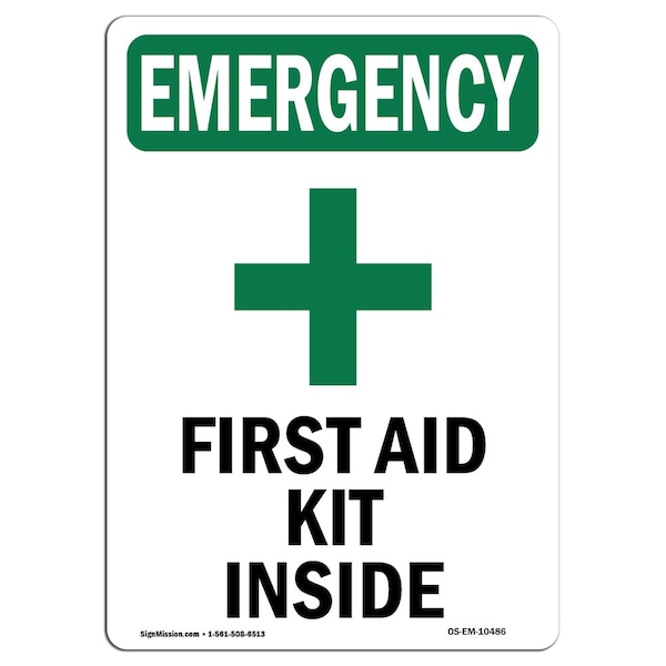 Safety Sign, OSHA EMERGENCY, 5" Height, First Aid Kit Inside, Portrait, 10PK